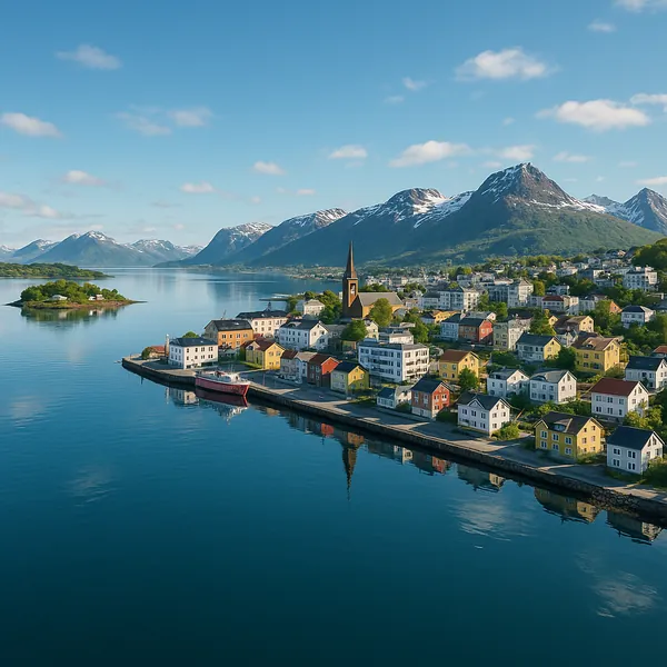Discover a puzzle with a serene coastal village framed by snow-capped mountains and a glassy blue fjord.