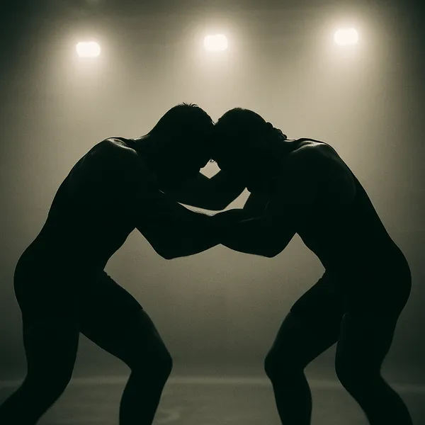 Enjoy an online jigsaw puzzle designed for browser play, featuring a dramatic sports scene of two wrestlers locked in close combat.