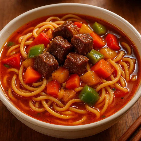 Enjoy assembling a puzzle depicting a steaming bowl of hearty noodle soup topped with tender beef cubes and bright diced peppers and carrots.