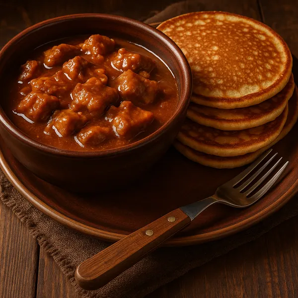 Enjoy assembling a puzzle depicting a cozy, close-up still life of a rich brown stew in a rustic bowl beside a neat stack of golden pancakes on a wooden plate.