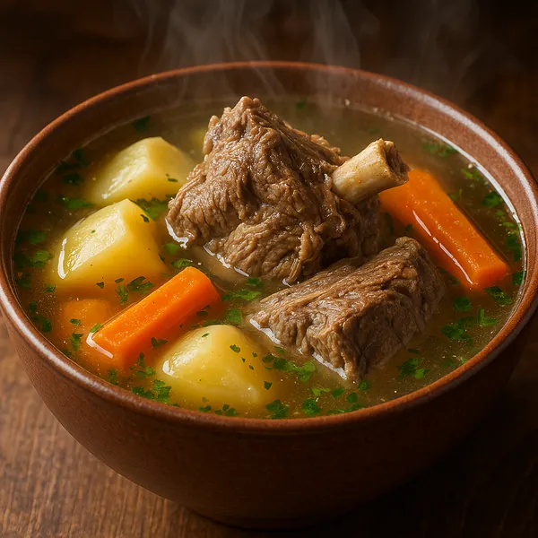 Discover a puzzle featuring a steaming bowl of hearty beef stew with tender chunks of meat, golden potato pieces and bright carrot batons nestled in a clear, sa