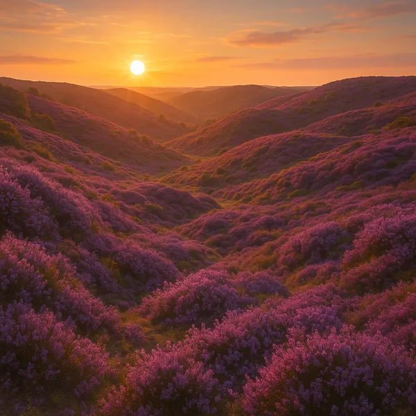 Discover a puzzle with rolling hills blanketed in vivid purple heather under a warm golden sunset.