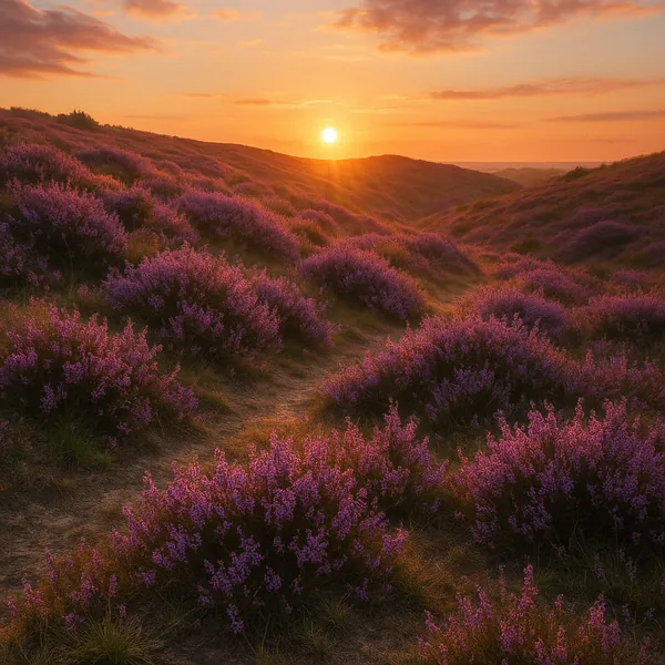 Enjoy assembling a puzzle depicting a sunlit heath where rolling hills are cloaked in dense purple heather beneath a warm, golden sunset.