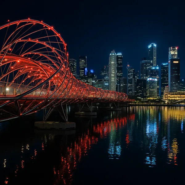 Discover a puzzle with a striking red-lit spiral bridge arcing over calm water against a modern nighttime city skyline.