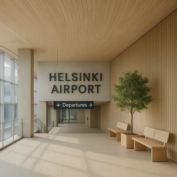 Discover a puzzle with a serene, minimalist view of Helsinki Airport departures, framed by warm, natural wood tones and soft, diffused daylight.