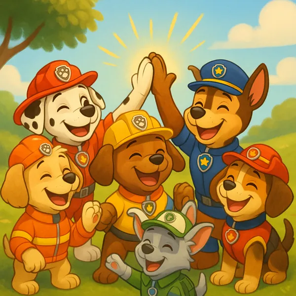 Enjoy an online jigsaw puzzle designed for browser play, featuring a cheerful group of cartoon puppies in colorful rescue uniforms — a playful animal-themed sce
