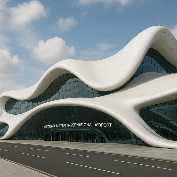 Discover a puzzle with a sweeping modern airport terminal defined by creamy white, wave-like curves and large teal-tinted glass panels under a soft blue sky.