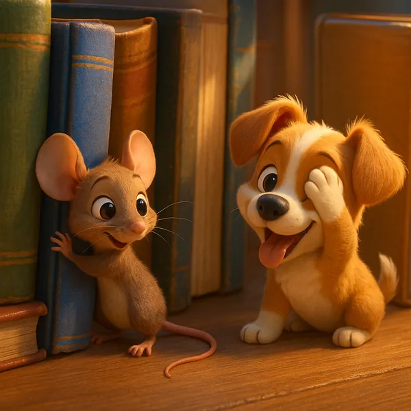 Try solving a puzzle that shows an adorable animated puppy and a curious little mouse peeking out from beside a row of old books.