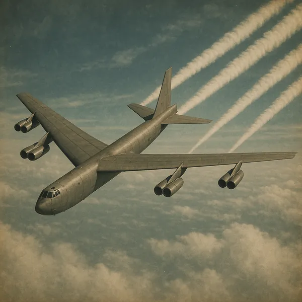 Discover a puzzle with a vintage jet airplane soaring high above a sea of soft clouds, leaving crisp contrails across a muted blue sky.