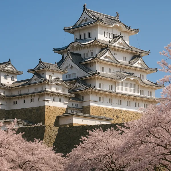 Enjoy assembling a puzzle depicting a graceful white Japanese castle rising above stone walls, its layered black-tiled roofs set against a clear blue sky and fr