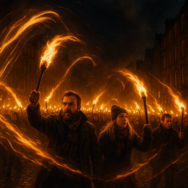 Discover a puzzle with a dramatic torchlit procession winding through a dark, historic city street — dozens of figures hold flaming torches that cast swirling r
