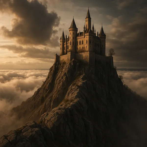 Discover a puzzle with a majestic medieval castle perched atop a craggy mountain peak, rising above a sea of clouds under a dramatic, golden sunset sky.