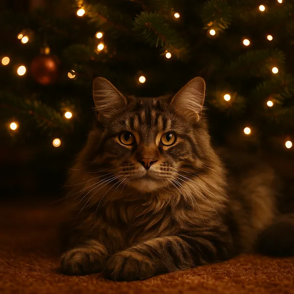 Enjoy assembling a puzzle depicting a fluffy tabby cat resting beneath a softly lit Christmas tree, with warm amber fairy lights and deep brown tones creating a