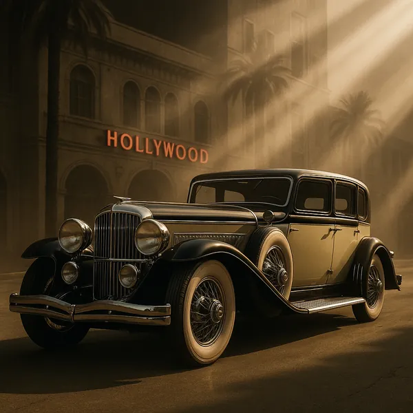 Enjoy assembling a puzzle depicting a gleaming vintage luxury car parked beneath a softly glowing "Hollywood" sign, bathed in warm sepia and golden light.
