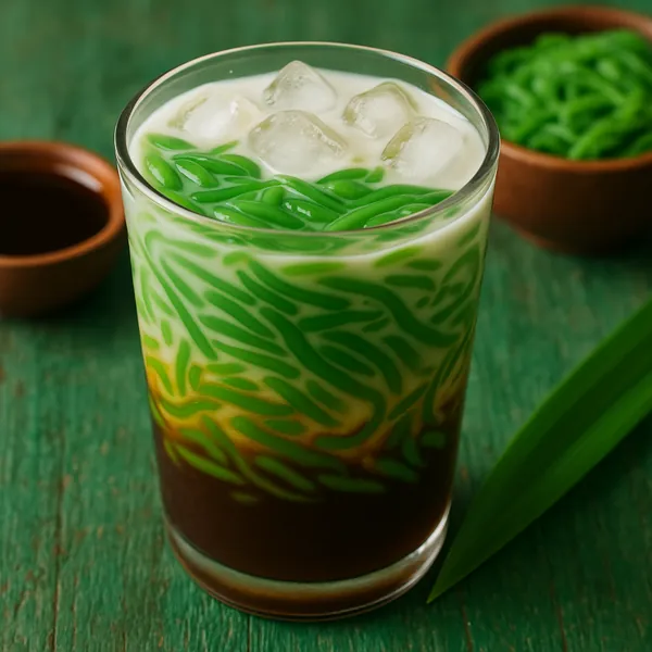 Discover a puzzle with a vivid close-up of a tropical iced dessert: a tall glass layered with dark palm sugar syrup, creamy coconut milk, and bright green panda