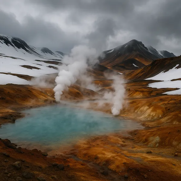 Discover a puzzle with a steaming geothermal pool set among rust-colored volcanic terrain and snow-dusted mountains under a brooding gray sky.