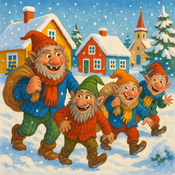Enjoy assembling a puzzle depicting four cheerful gnomes trekking through a snowy village with colorful cottages and a little church in the background.