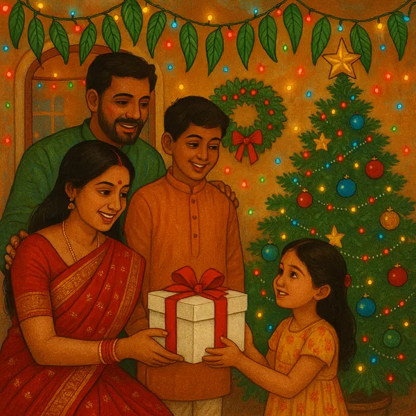 Enjoy assembling a puzzle depicting a warm family holiday scene where parents and two children share a tender moment beside a twinkling Christmas tree.