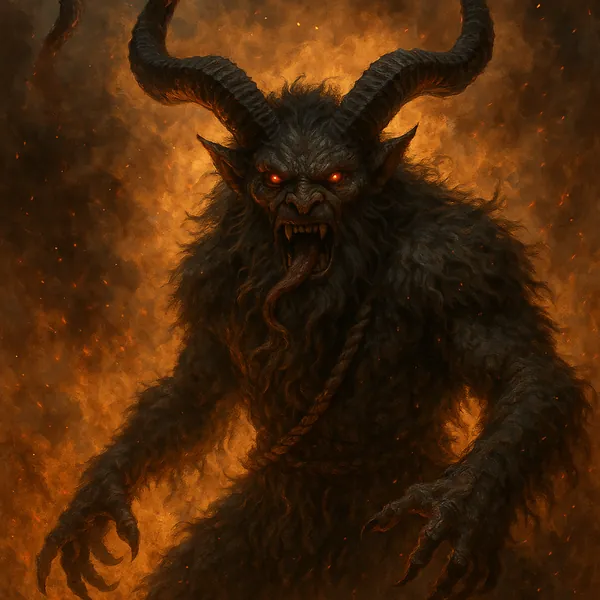 Discover a puzzle with a dramatic dark‑fantasy scene of a horned, furred demon emerging from swirling embers — deep charcoal blacks and glowing orange flames cr