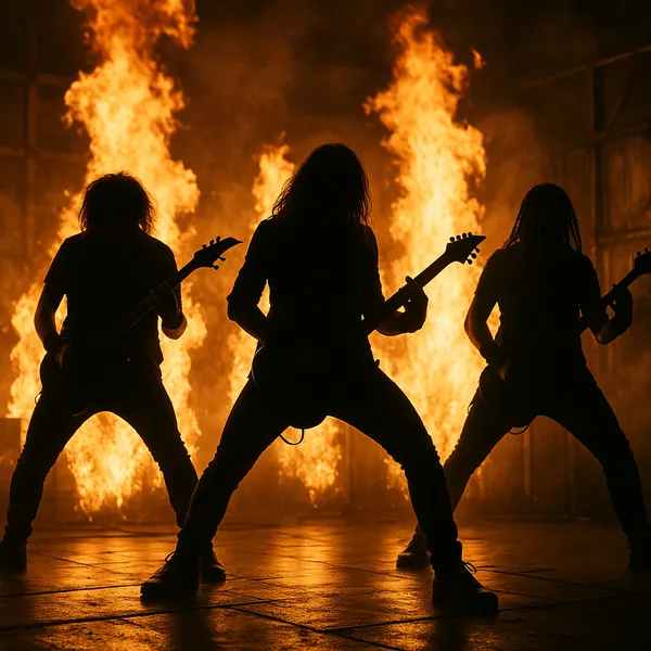 Enjoy an online jigsaw puzzle designed for browser play, featuring a dramatic rock concert scene with silhouetted musicians and roaring flames.