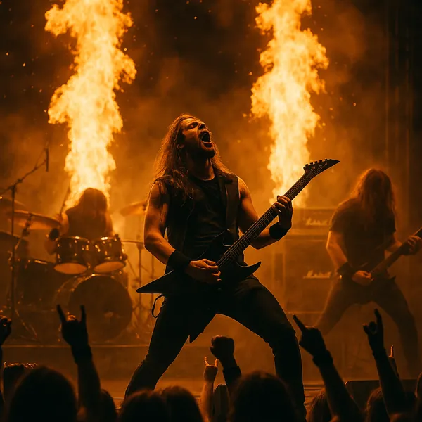 Enjoy an online jigsaw puzzle designed for browser play, featuring a high-energy live music scene with roaring flames and heavy metal musicians.