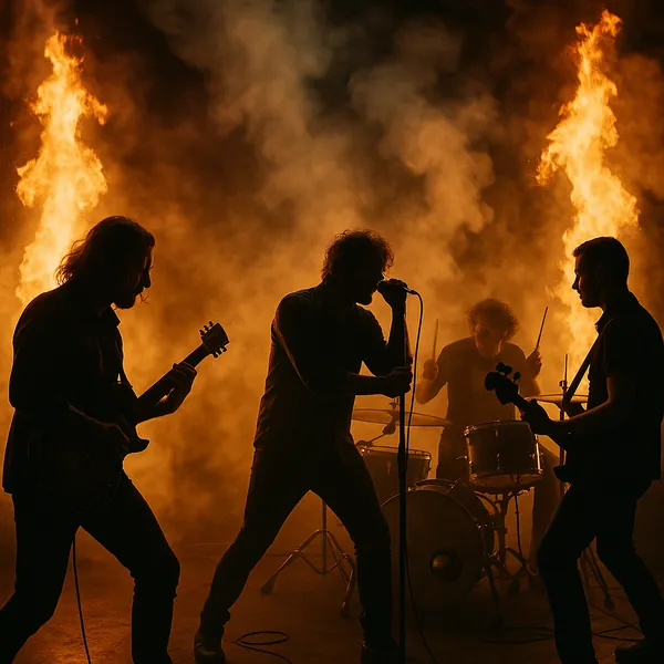 This online jigsaw puzzle features a dramatic live-music scene with a silhouetted rock band surrounded by flames and smoky light, perfect for fans of music and