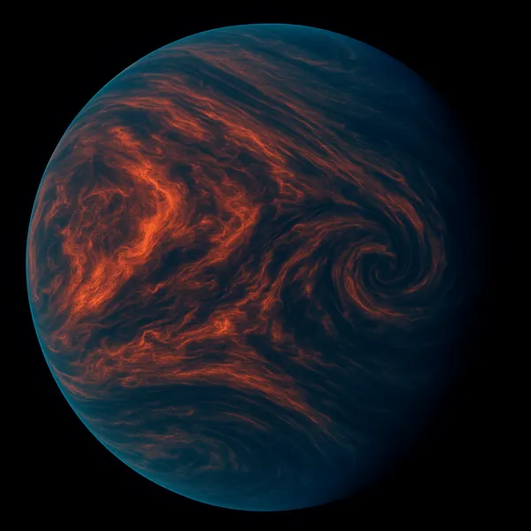 Discover a puzzle with a mesmerizing, planet-like sphere awash in deep teal and midnight blue, veiled by swirling, fiery orange clouds that curl into soft spira