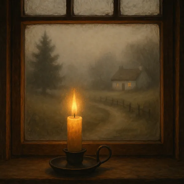 Discover a puzzle with a glowing candle on a windowsill looking out over a misty country lane and a small, warmly lit cottage.