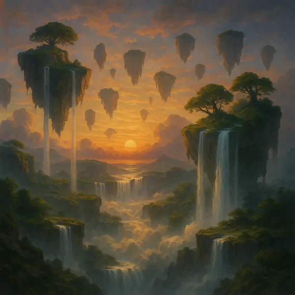Discover a puzzle with a dreamy fantasy landscape of floating islands and cascading waterfalls set against a glowing sunset.