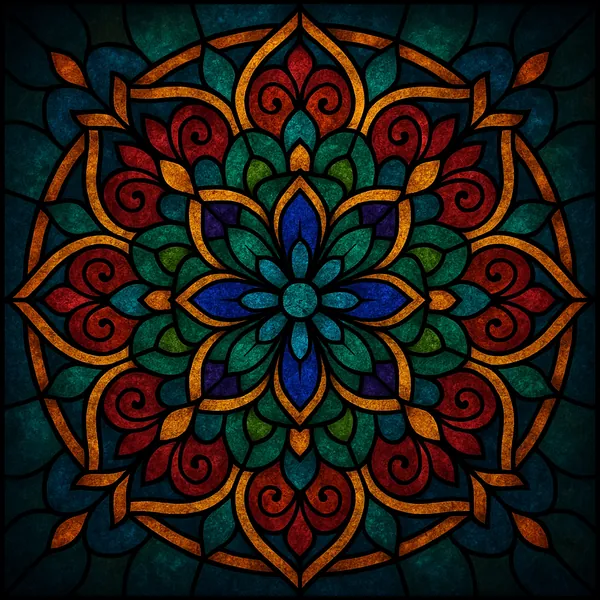 Enjoy an online jigsaw puzzle designed for browser play, featuring a radiant stained-glass mandala in rich, jewel-toned colors.