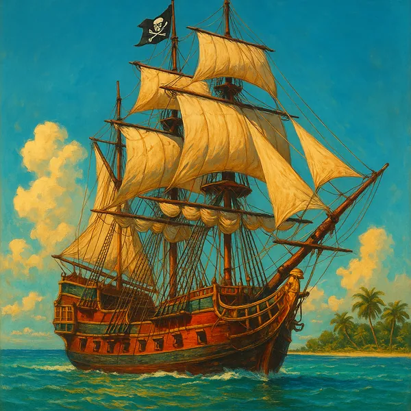 Discover a puzzle with a majestic pirate ship sailing close to a sunlit tropical shore, perfect for jigsaw fans on PuzzleFree.Game.
