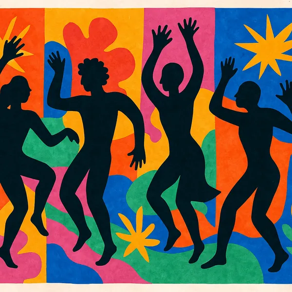 Discover a puzzle with bold, black dancing silhouettes set against a lively, multicolored backdrop — bright oranges, deep blues, grassy greens, hot pinks, and s