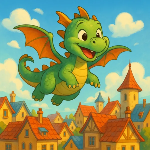 Enjoy assembling a puzzle depicting a cheerful green dragon soaring above a sunlit medieval village.