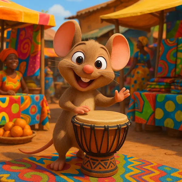 Discover a puzzle with a cheerful cartoon mouse playing a hand drum in a vibrant open-air market.