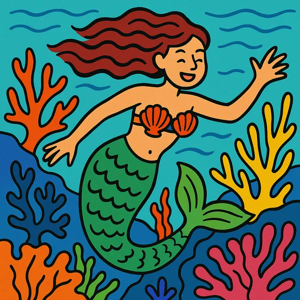 Enjoy assembling a puzzle depicting a cheerful mermaid swimming through a bright, stylized coral reef.