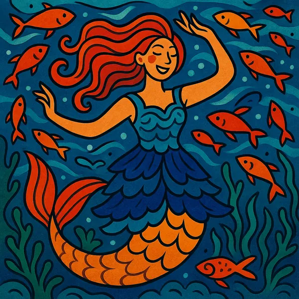 Discover a puzzle with a cheerful mermaid floating among a school of bright orange fish in a deep-blue, stylized underwater scene.