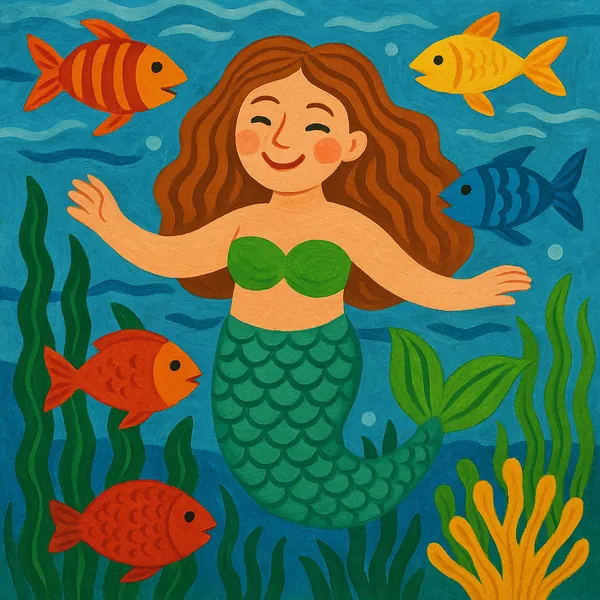 Discover a puzzle that shows a cheerful mermaid swimming among colorful fish and waving seaweed in a playful, hand-painted style.