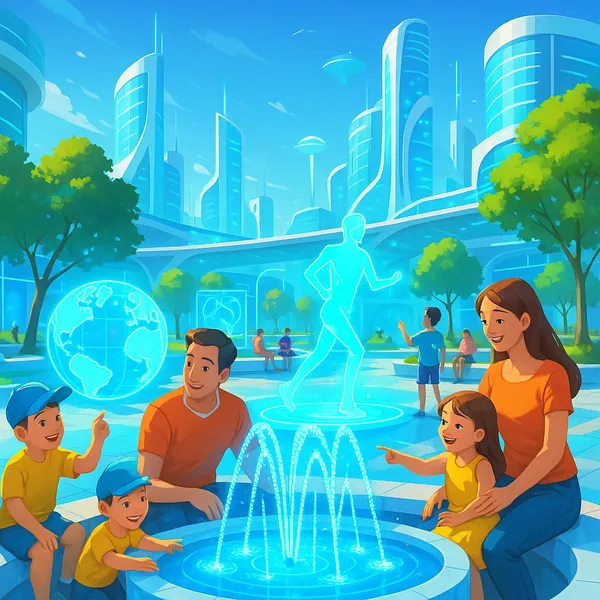 This online jigsaw puzzle features a bright, family-friendly scene set in a futuristic cityscape where technology and nature blend harmoniously.