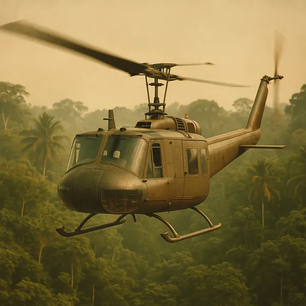 Try solving a puzzle that shows a classic helicopter hovering above a misty tropical rainforest.
