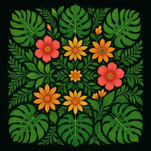 Enjoy an online jigsaw puzzle designed for browser play, featuring a lush floral scene of tropical leaves and bright blooms.