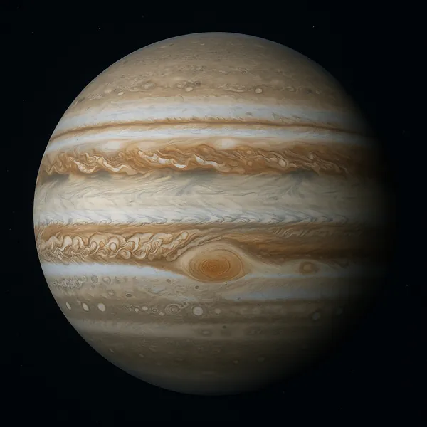 Discover a puzzle with a stunning close-up of Jupiter, showing its swirling bands of warm browns, soft creams, and pale blues set against the deep black of spac