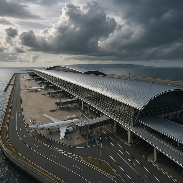 Discover a puzzle with a sleek coastal airport terminal stretching along the water, where gleaming silver roofs and glass facades meet parked airliners under a