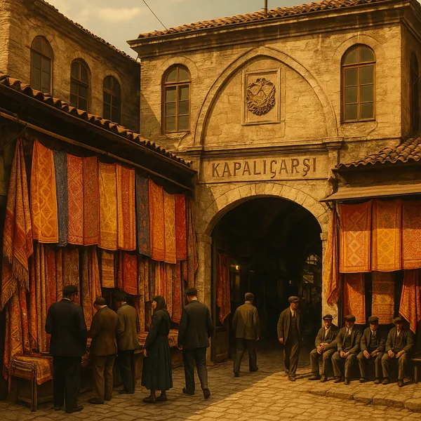 Discover a puzzle with a sunlit scene of the Kapalıçarşı market entrance, where warm golden stone arches frame rows of richly patterned carpets in reds, oranges
