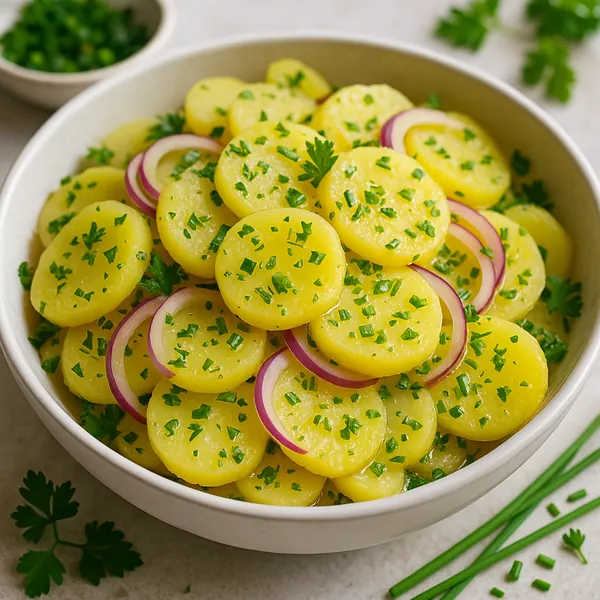 Discover a puzzle with a bright, appetizing bowl of potato salad — thinly sliced yellow potatoes tossed with chopped parsley, chives and delicate rings of red o
