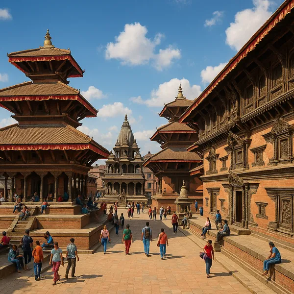 Discover a puzzle with a sunlit historic square filled with tiered pagoda-style temples, carved brick facades, and scattered visitors strolling or resting on st