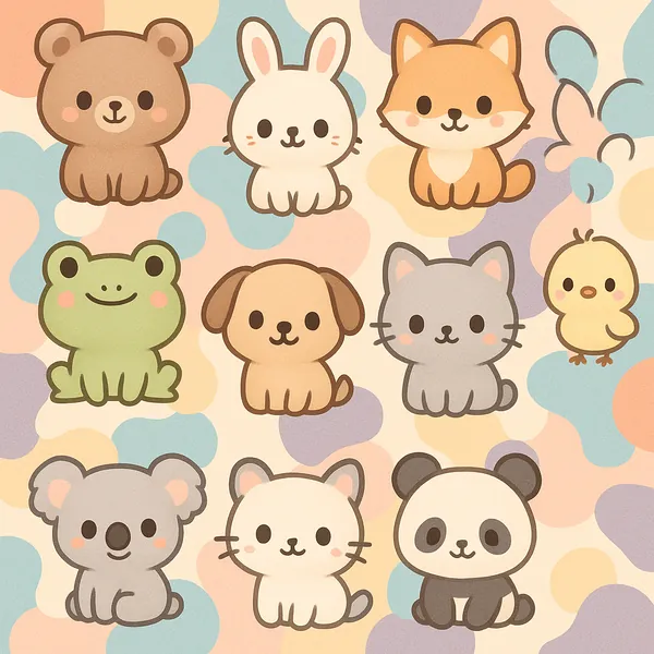 Discover a puzzle with a grid of adorable kawaii animal characters — bears, bunnies, foxes, frogs, cats, pandas and more — set against soft, abstract pastel blo