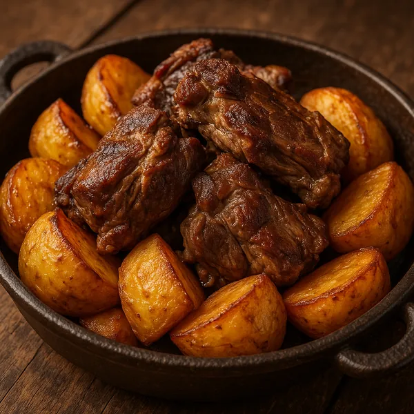 Discover a puzzle with a rustic cast-iron skillet filled with golden roasted potatoes and richly browned braised beef, captured in warm amber and chestnut tones