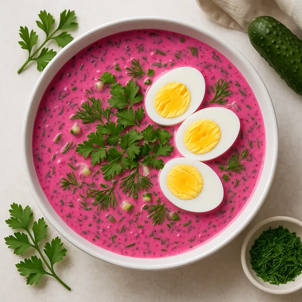 Enjoy assembling a puzzle depicting a vibrant bowl of creamy pink beet soup garnished with fresh dill and parsley and three halved hard‑boiled eggs with golden