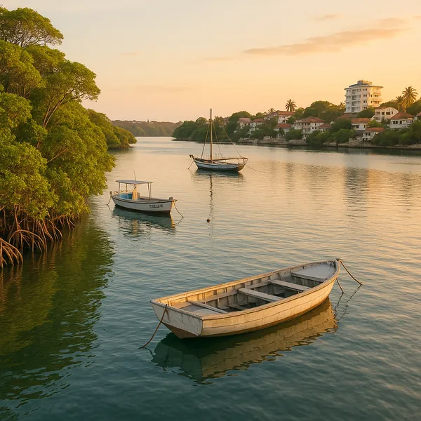 Discover a puzzle with a tranquil riverside scene at golden hour, where small wooden boats drift on glassy water reflecting warm peach and teal tones.