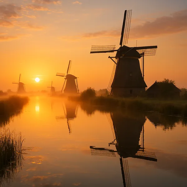 Discover a puzzle with a serene Dutch morning: classic windmills silhouetted against a golden sunrise, soft orange and amber skies reflected in calm canal water